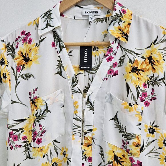 Express Shirt Women's Small White Floral Sheer Collard Top Business Casual - Picture 3 of 14